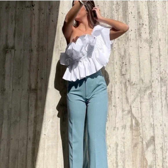 NWT Zara Blogger Fav Asymmetrical One Shoulder Poplin Ruffle Top White - Picture 2 of 16